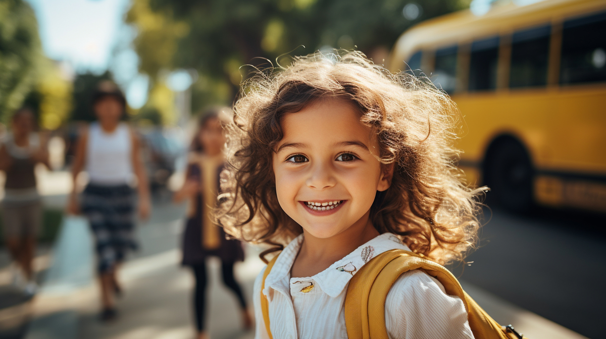 Young girl with backpack going back to school, waiting for the school bus